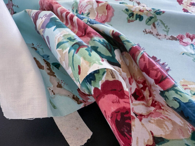 img_2353 Scalamandre Chatsworth Chintz Fh Aqua Blue Pink Red Green Multi Color Rose Peony Bouquet with Ribbon English Garden Historical Prints Bouquet USD 364/y