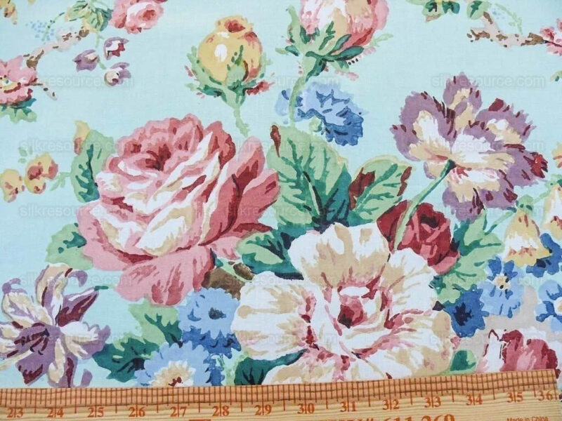 products-P1650297 Scalamandre Chatsworth Chintz Fh Aqua Blue Pink Red Green Multi Color Rose Peony Bouquet with Ribbon English Garden Historical Prints Bouquet USD 364/y