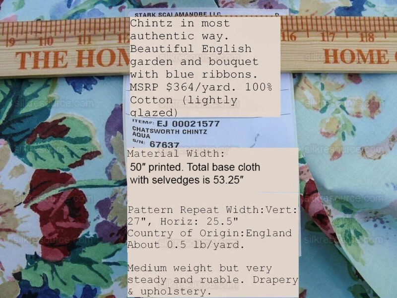 products-P1650298 Scalamandre Chatsworth Chintz Fh Aqua Blue Pink Red Green Multi Color Rose Peony Bouquet with Ribbon English Garden Historical Prints Bouquet USD 364/y