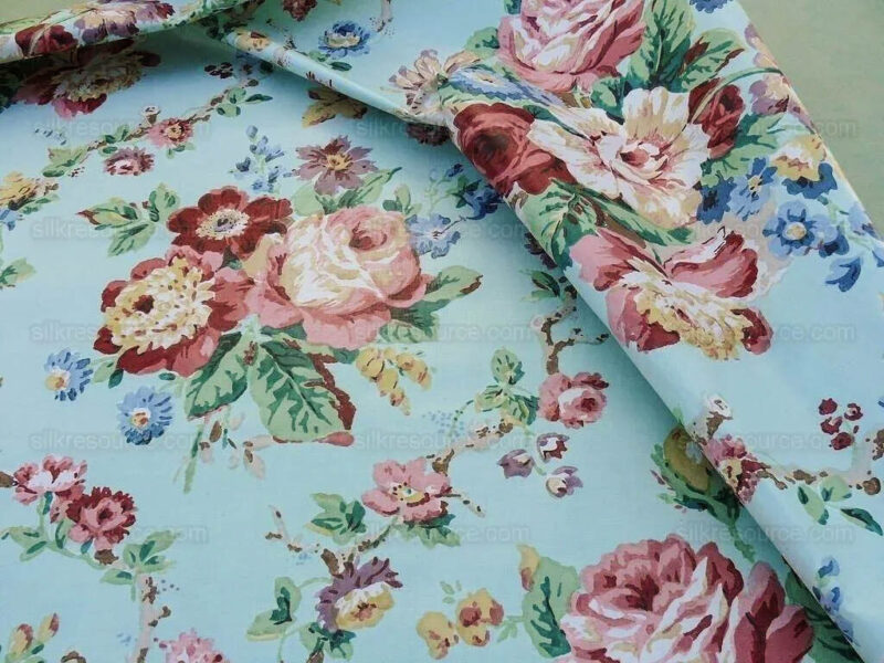 products-P1650302 Scalamandre Chatsworth Chintz Fh Aqua Blue Pink Red Green Multi Color Rose Peony Bouquet with Ribbon English Garden Historical Prints Bouquet USD 364/y