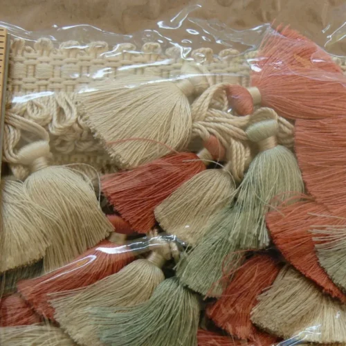 s-l1600 (4) By Yard Scalamandre Jules Verne 100% Silk Tassel Sand Coral Teal FT44-045 MSRP USD 188/y