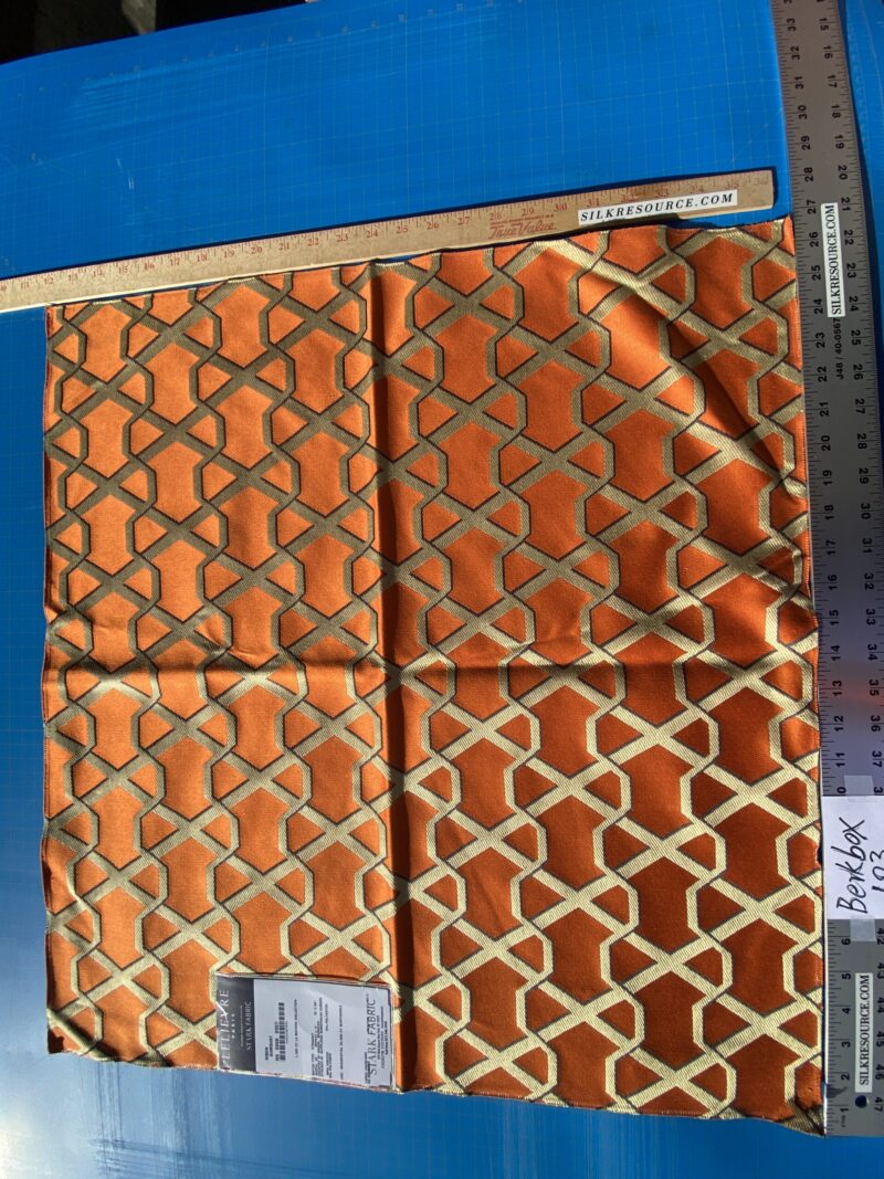 IMG_6754 8 Berkbox103 Square Scalamandre Lelievre Ribon Kumquat Orange Jacquard Diamond Ogee Fretwork Lattice Large Jacquard MSRP USD 300+/y