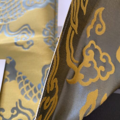 IMG_7432 Schumacher Ruan Dragon Damask Gold Art Deco Chinoiserie Satin Cotton MSRP USD 316/y