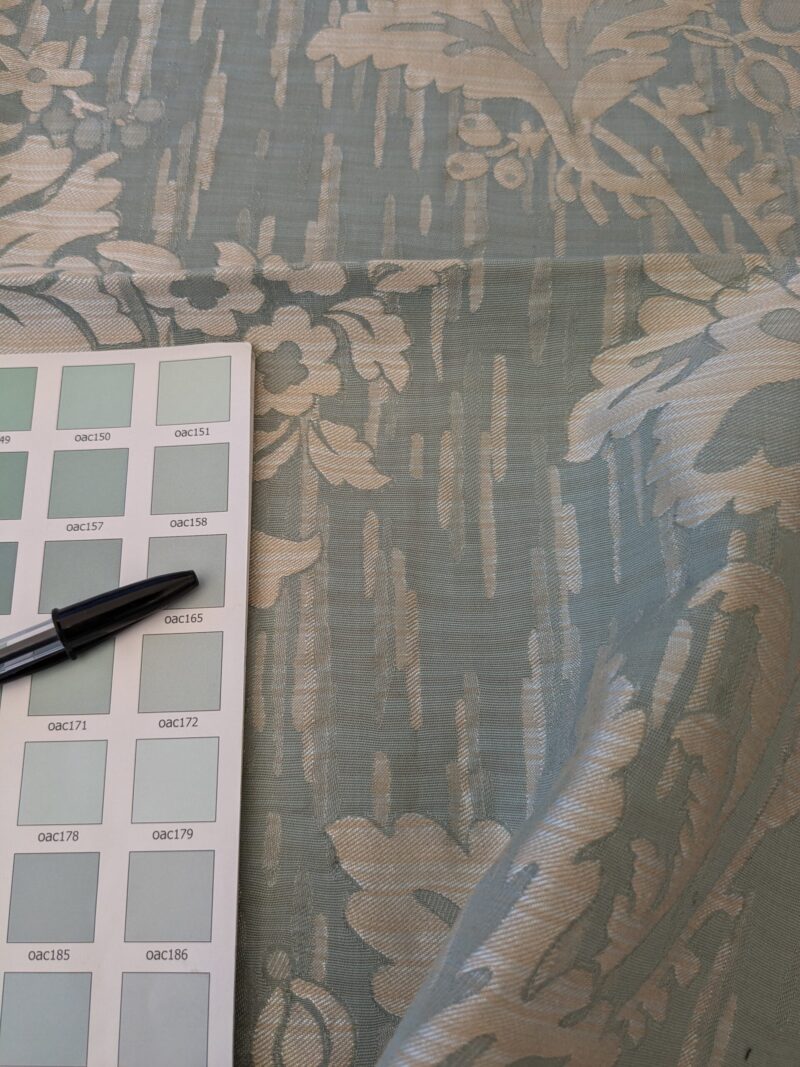 PXL_20241023_203943470 110 EV47 Square Scalamandre Colony Fabrics Villa Ada Light Blue Damask Floral Foliage Jacquard Cotton Viscose