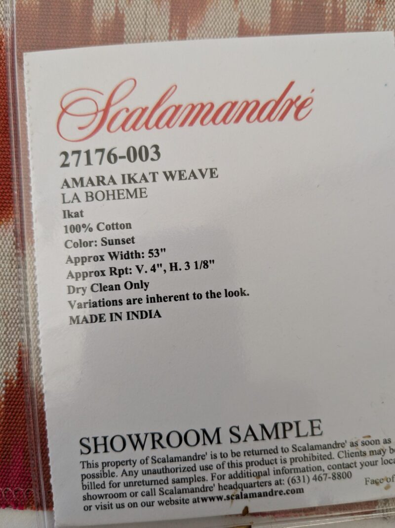 PXL_20241023_210811137 120 EV47 Square Scalamandre Amara Ikat Weave Sunset Red White Cotton Hand Woven MSRP USD 150/Y