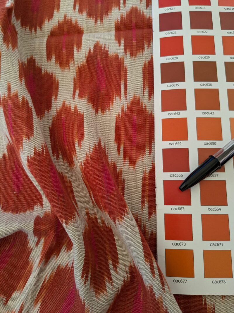 PXL_20241023_210839828 120 EV47 Square Scalamandre Amara Ikat Weave Sunset Red White Cotton Hand Woven MSRP USD 150/Y