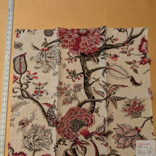 PXL_20241023_211334689 123 EV47 Square Scalamandre Pondicherry Linen Print Raspberry Red Brown on Beige Bird Animal Jacobean Bird Animal MSRP USD 292/y 26"x27"