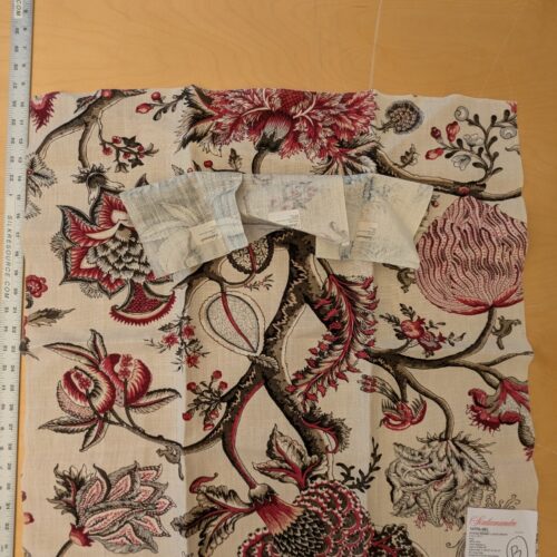 PXL_20241023_211454561 124 EV47 Square Scalamandre Pondicherry Linen Print Raspberry Red Brown on Beige Bird Animal Jacobean Bird Animal MSRP USD 292/y 26"x27"
