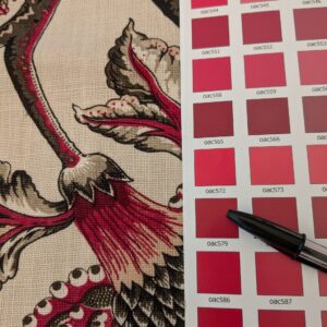 124 EV47 Square Scalamandre Pondicherry Linen Print Raspberry Red Brown on Beige Bird Animal Jacobean Bird Animal MSRP USD 292/y 26"x27"