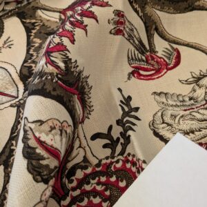 124 EV47 Square Scalamandre Pondicherry Linen Print Raspberry Red Brown on Beige Bird Animal Jacobean Bird Animal MSRP USD 292/y 26"x27"