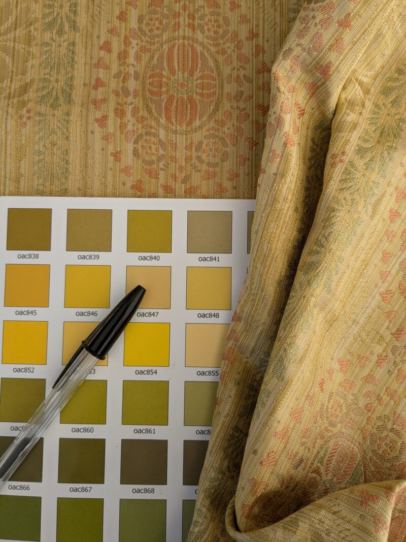 PXL_20241106_192844112 By Yard Fabricut Medallion 100% Silk Stripe In Jasmine Yellow & Pink Green Gold Strie