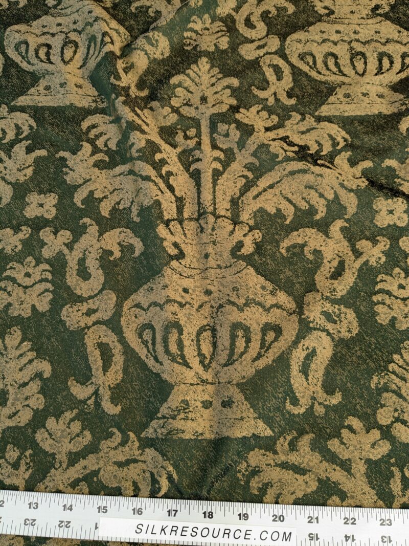 PXL_20241107_205420026 Chinoisery Flower in Vase Bronze Age 100% Silk Damask Emerald Deep Green Radiance! Highest Quality MSRP USD 400+/Yard