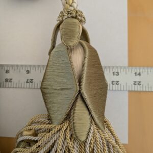 PXL_20241204_211859143 Scalamandre Tulip Tieback Olive Cream Gold Tassel Rayon Cotton Wood MSRP USD 1,996