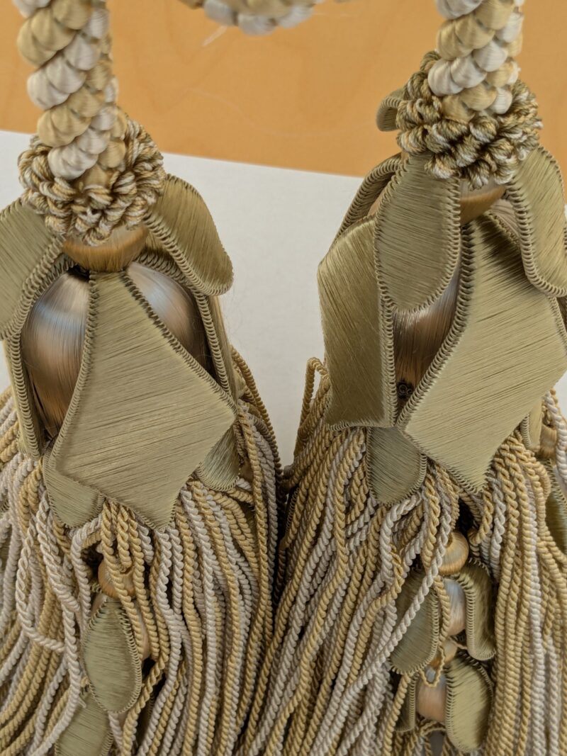 PXL_20241204_211946874 Scalamandre Tulip Tieback Olive Cream Gold Tassel Rayon Cotton Wood MSRP USD 1,996