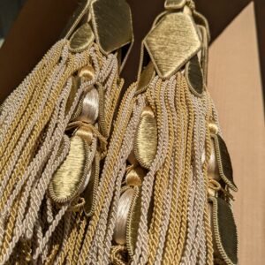 PXL_20241204_212233972 Scalamandre Tulip Tieback Olive Cream Gold Tassel Rayon Cotton Wood MSRP USD 1,996