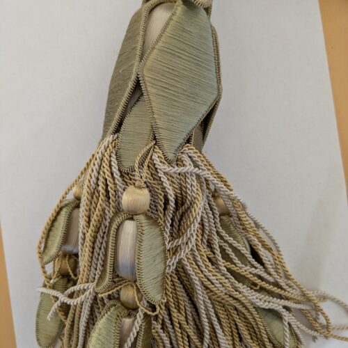 PXL_20241204_212328430 Scalamandre Tulip Tieback Olive Cream Gold Tassel Rayon Cotton Wood MSRP USD 1,996