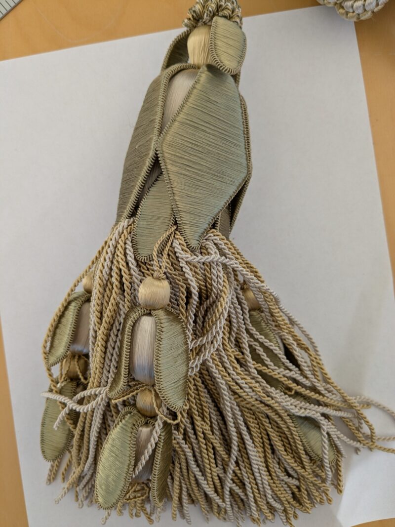 PXL_20241204_212328430 Scalamandre Tulip Tieback Olive Cream Gold Tassel Rayon Cotton Wood MSRP USD 1,996