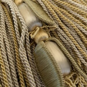 PXL_20241204_212338758 Scalamandre Tulip Tieback Olive Cream Gold Tassel Rayon Cotton Wood MSRP USD 1,996