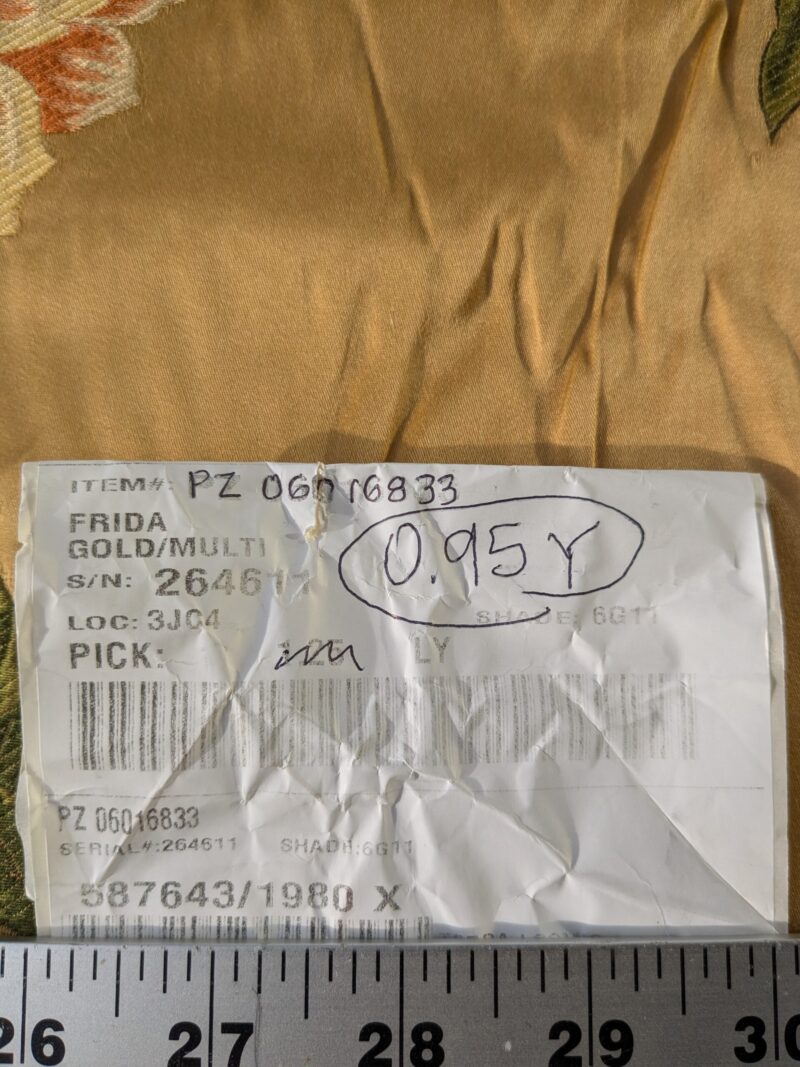 PXL_20241210_224035259 0.9y Scalamandre Frida Gold On Multi Vibrant Mexican Floral & Fruits Frida Kahlo Old World Weavers Flower Lampas MSRP USD 546/y Minor Defect