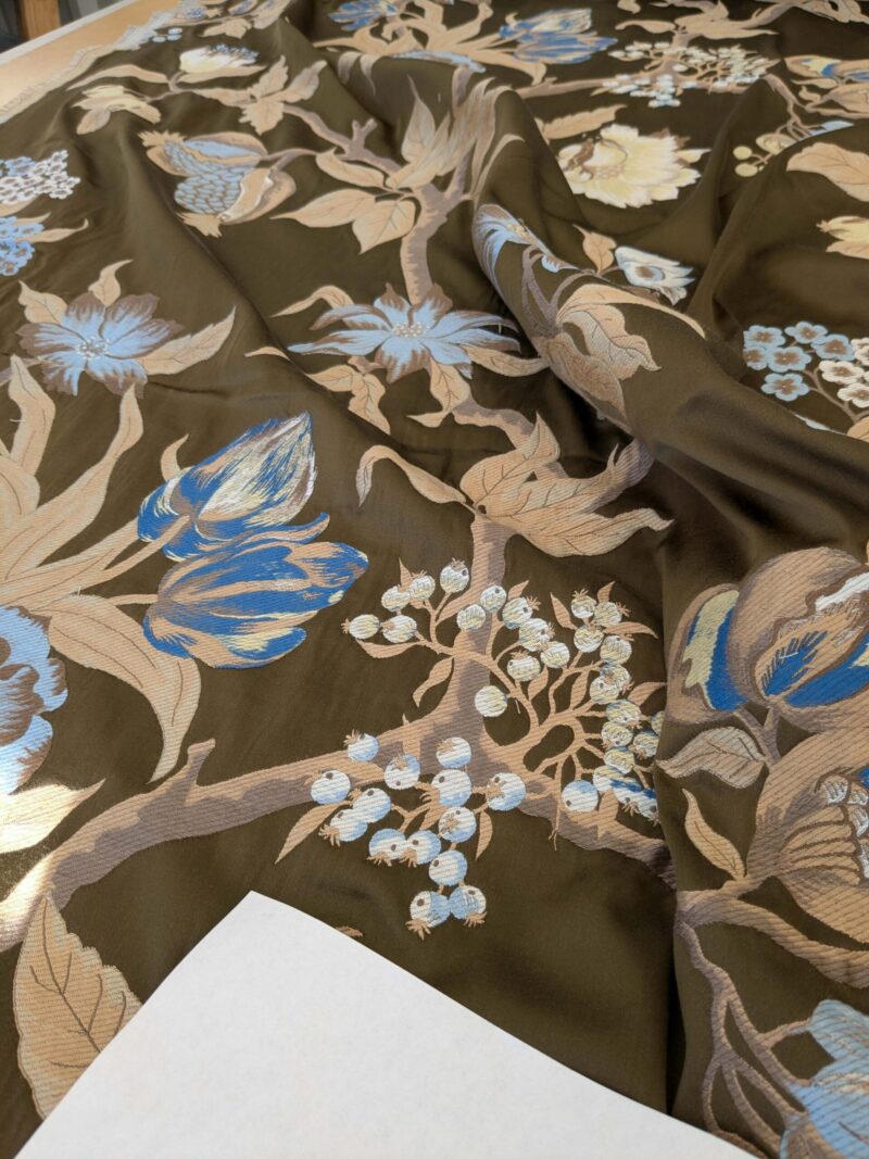 PXL_20250109_212503429 by yard Scalamandre Old World Weavers Frida Brown Vibrant Mexican Floral & Fruits  Flower Lampas MSRP USD 546/y