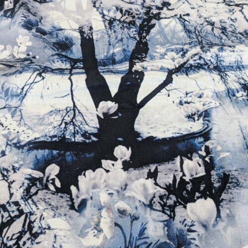 PXL_20250116_221805096 2.4y x 53"w Scalamandre Lelievre Jean Paul Gaultier Paris Vagabond Encre Linen Botanical Foliage Scenic Print Blue White MSRP USD 500+/Y 28-Ev49