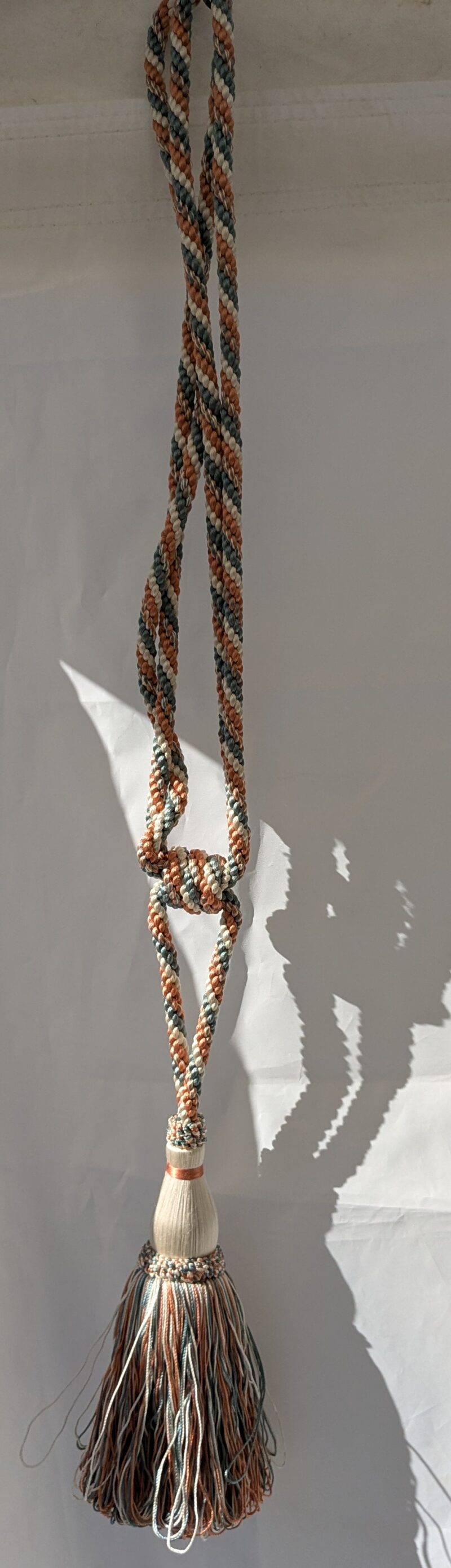 PXL_20250129_215328804 Scalamandre Tieback Handmade Single Tassel Blue White Copper MSRP USD200/each