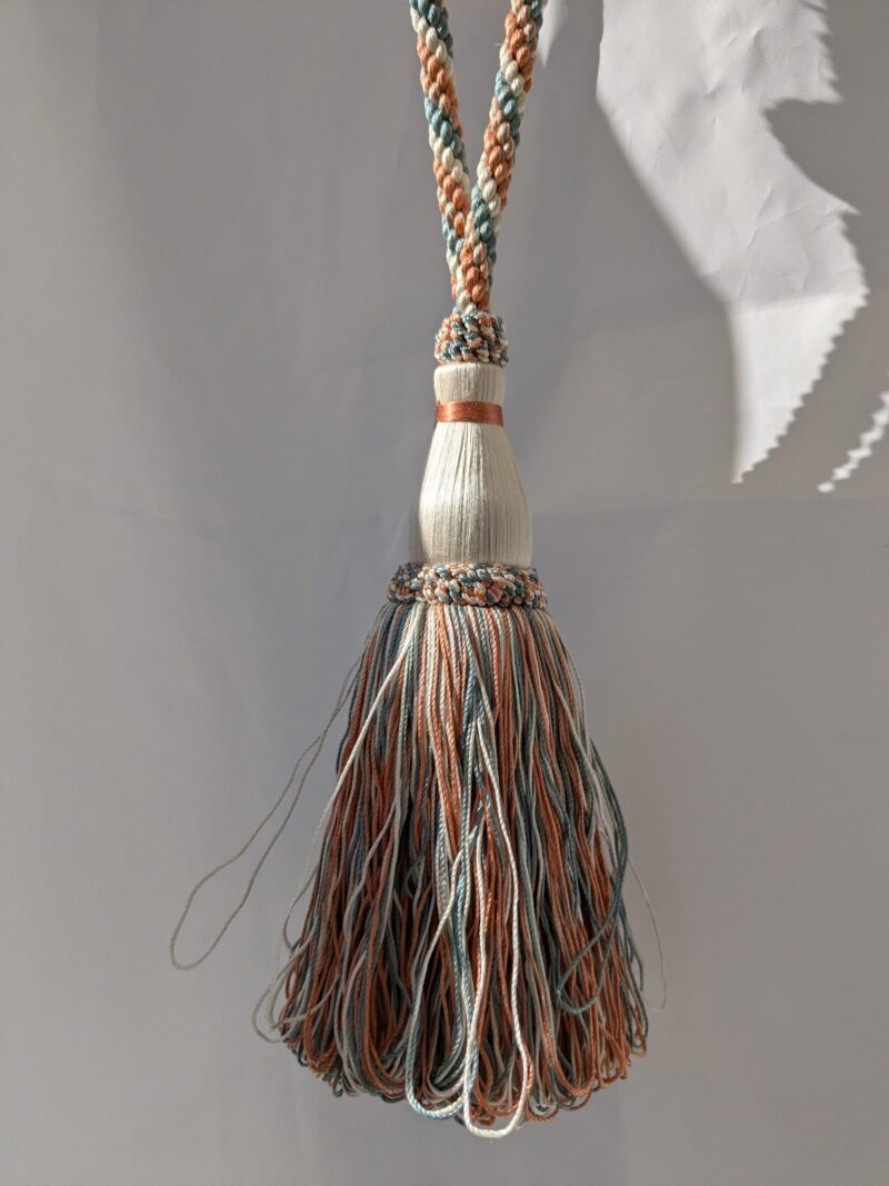 PXL_20250129_215333327 Scalamandre Tieback Handmade Single Tassel Blue White Copper MSRP USD200/each