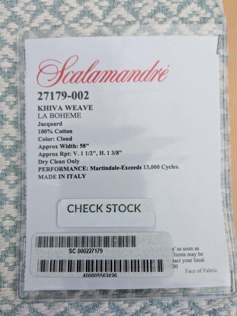 PXL_20250128_192645772 96 EV50 26" x 26" Square Scalamandre Khiva Weave Cloud Light Blue White Cotton Small Scale  White MSRP USD 180/y