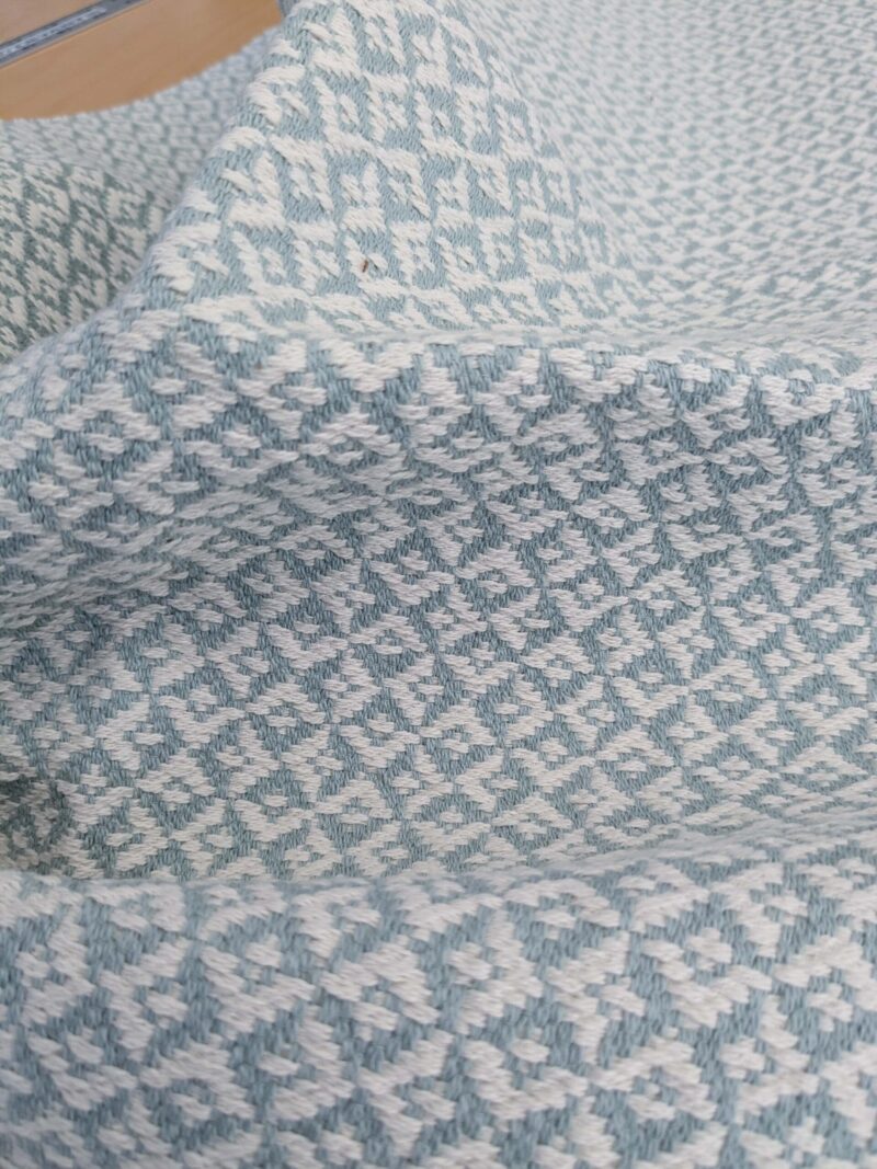 PXL_20250128_192719017 96 EV50 26" x 26" Square Scalamandre Khiva Weave Cloud Light Blue White Cotton Small Scale  White MSRP USD 180/y