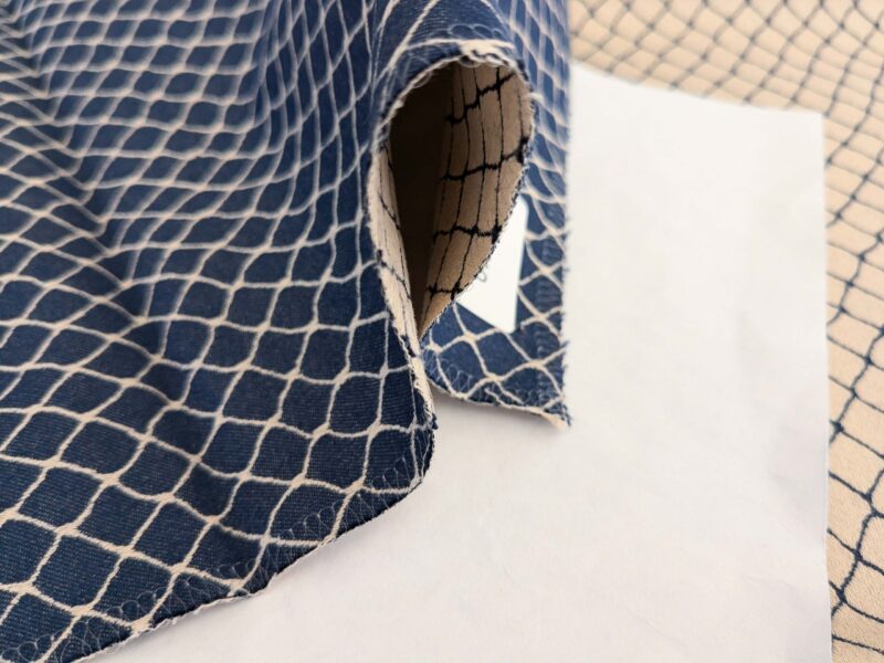 PXL_20250128_200748310 109 EV50 25" x 26" Square Jean Paul Gaultier Cabaret Chair Cream White Blue Reversible Small Jacquard Diamond Cotton MSRP USD300+/y