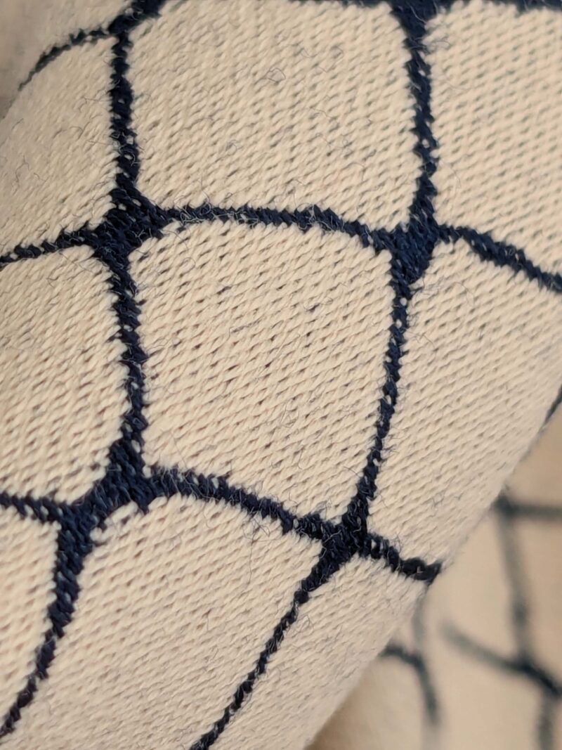 PXL_20250128_200758163 109 EV50 25" x 26" Square Jean Paul Gaultier Cabaret Chair Cream White Blue Reversible Small Jacquard Diamond Cotton MSRP USD300+/y