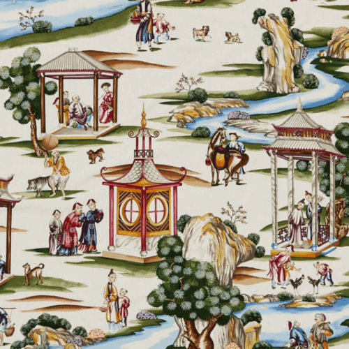 SC_000116264 A BY Yard Scalamandre Shanghai Multi On Cream Chinoisery Painting Printed Cotton MSRP USD584/Y Asian Landscape Special Order
