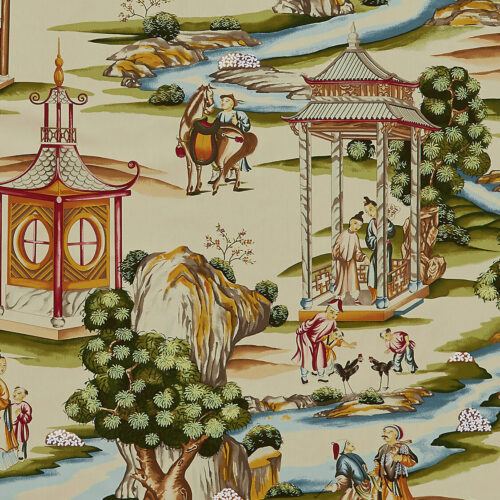 SC_000216264_CL BY Yard Scalamandre Shanghai Multi On Tea Stain Chinoisery Painting Printed Cotton MSRP USD584/Y Asian Landscape Special Order