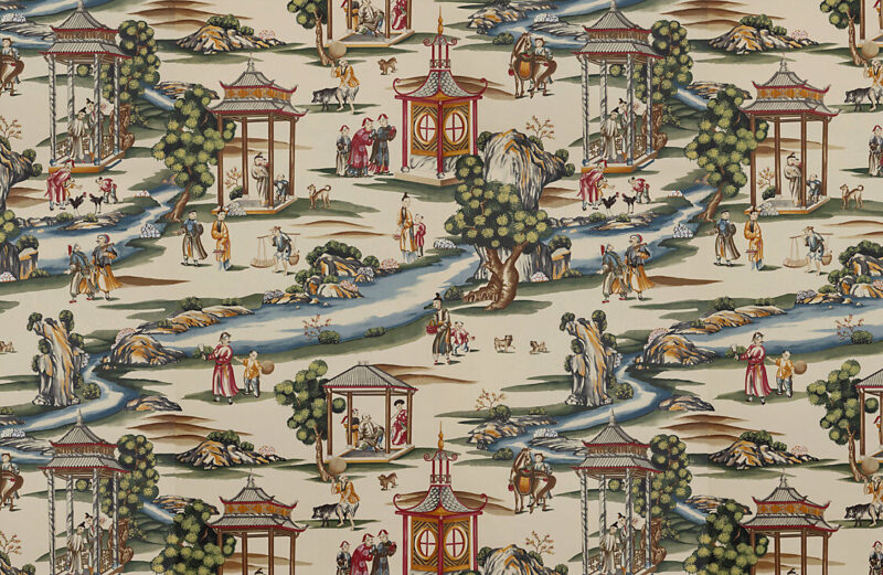SC_0002WP81584A Special Order  Scalamandre Shanghai Multi On Tea Stain - B Chinoisery Painting Printed 100% Paper MSRP USD1256/Y Asian Landscape Wallcovering
