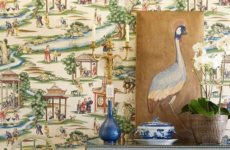 SC_0002WP81584A_RM1 Special Order  Scalamandre Shanghai Multi On Tea Stain - B Chinoisery Painting Printed 100% Paper MSRP USD1256/Y Asian Landscape Wallcovering