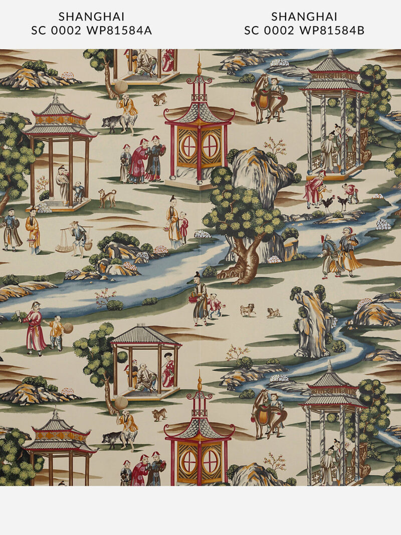 SC_0002WP81584A_SCH Special Order  Scalamandre Shanghai Multi On Tea Stain - B Chinoisery Painting Printed 100% Paper MSRP USD1256/Y Asian Landscape Wallcovering
