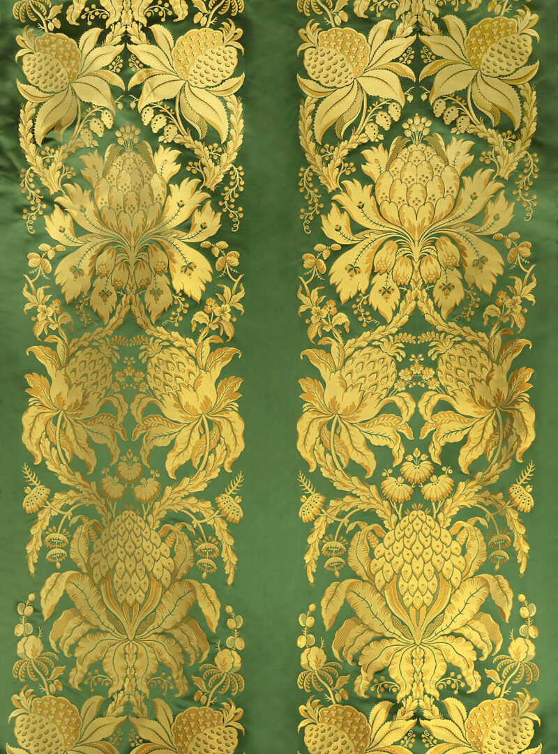 H0_00041508 Special Order Scalamandre Tassinari & Chatel Les Ananas 51" in Vert Green Gold Historical Silk Lampas Pineapple Neoclassical MSRP USD5616/repeat