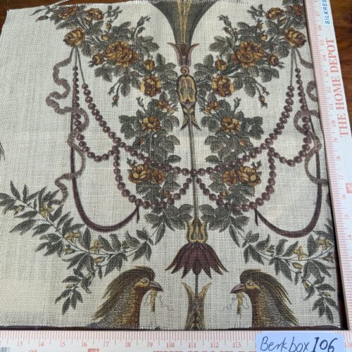 IMG_9088 21 Berkbox106 18" x 18" Square Scalamandre Jute Fabric Rose Brown Red Green Historical Birds Floral MSRP USD 300+/y