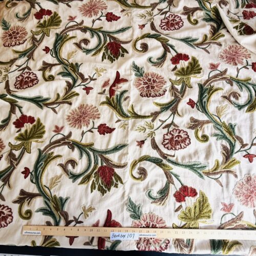 IMG_9329 1 Berkbox107 2yards x 47"w Scalamandre Old World Weavers Devin Crewel Pastel Floral Botanical Wool Embroidery on Cotton Beige MSRP USD456/y