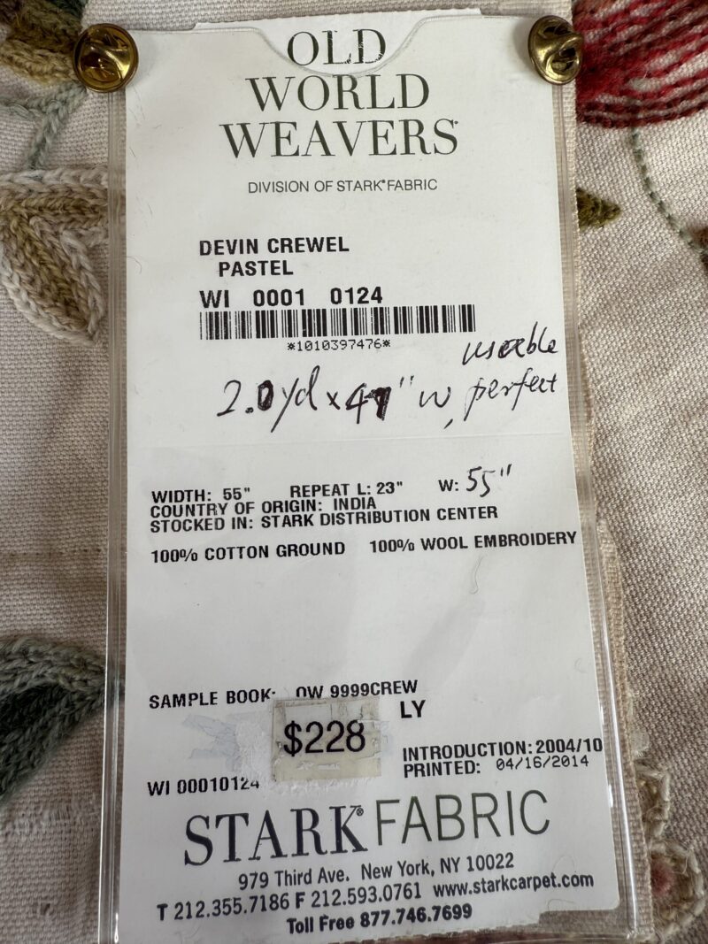 1 Berkbox107 2yards x 47"w Scalamandre Old World Weavers Devin Crewel Pastel Floral Botanical Wool Embroidery on Cotton Beige MSRP USD456/y