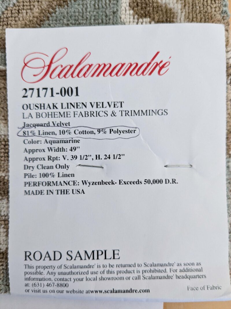 PXL_20250128_195832343 100 EV50 27" x 24" Square Scalamandre Oushak Linen Velvet Aquamarine Jacquard Blue Brown Linen MSRP USD638/y