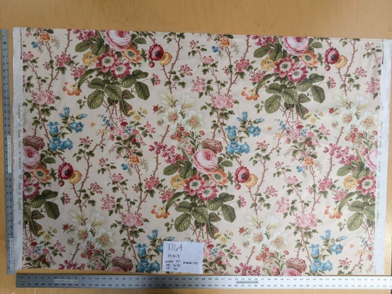 PXL_20250218_214133431 Claire Austin English Cottage Climbing Rose Bluebell Chintz Print Red Green Pink Yellow on Pale Pink 100% Cotton MSRP USD 355/Y