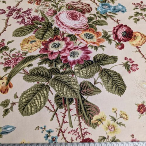 PXL_20250218_214207983 Claire Austin English Cottage Climbing Rose Bluebell Chintz Print Red Green Pink Yellow on Pale Pink 100% Cotton MSRP USD 355/Y