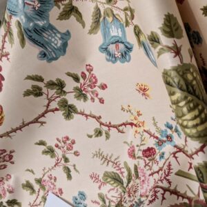 PXL_20250218_214550023 Claire Austin English Cottage Climbing Rose Bluebell Chintz Print Red Green Pink Yellow on Pale Pink 100% Cotton MSRP USD 355/Y