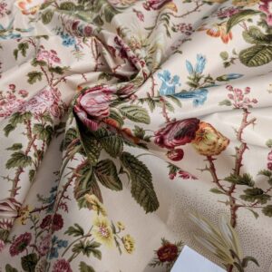 PXL_20250218_214632284 Claire Austin English Cottage Climbing Rose Bluebell Chintz Print Red Green Pink Yellow on Pale Pink 100% Cotton MSRP USD 355/Y