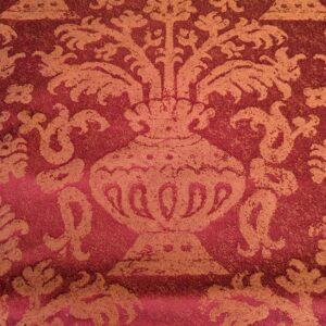 PXL_20250325_200708731 Chinoisery Flower in Vase Bronze Age 100% Silk Damask Crimson Red Radiance! Highest Quality MSRP USD 400+/Yard