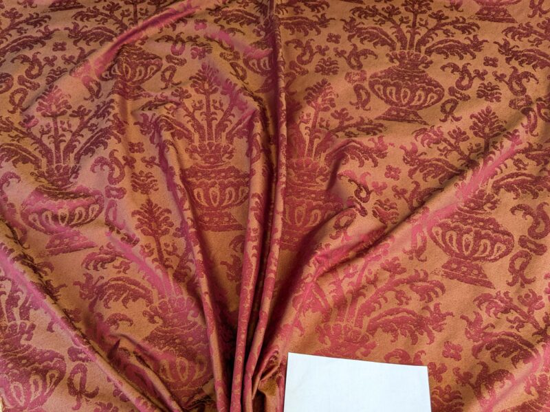 PXL_20250325_201006392 Chinoisery Flower in Vase Bronze Age 100% Silk Damask Crimson Red Radiance! Highest Quality MSRP USD 400+/Yard