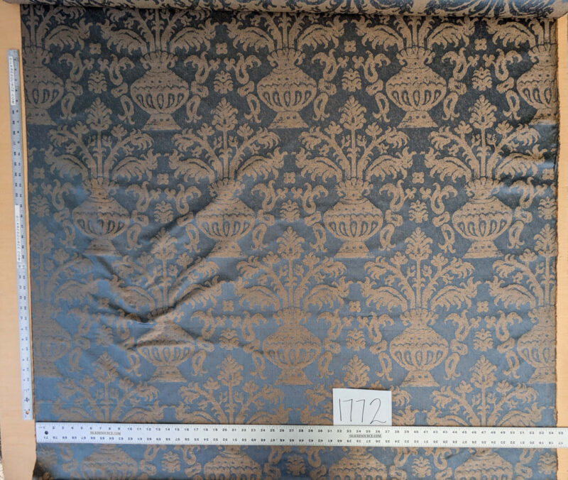 PXL_20250325_202246420 Chinoisery Flower in Vase Bronze Age 100% Silk Damask Blue Gold Radiance! Highest Quality MSRP USD 400+/Yard