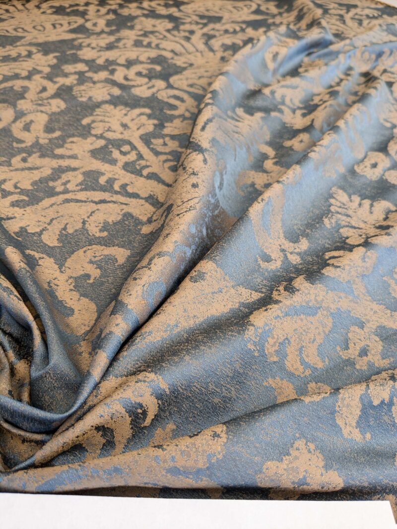 PXL_20250325_202317645 Chinoisery Flower in Vase Bronze Age 100% Silk Damask Blue Gold Radiance! Highest Quality MSRP USD 400+/Yard