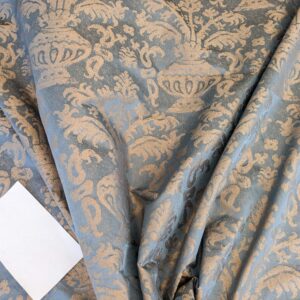 PXL_20250325_202509268 Chinoisery Flower in Vase Bronze Age 100% Silk Damask Blue Gold Radiance! Highest Quality MSRP USD 400+/Yard